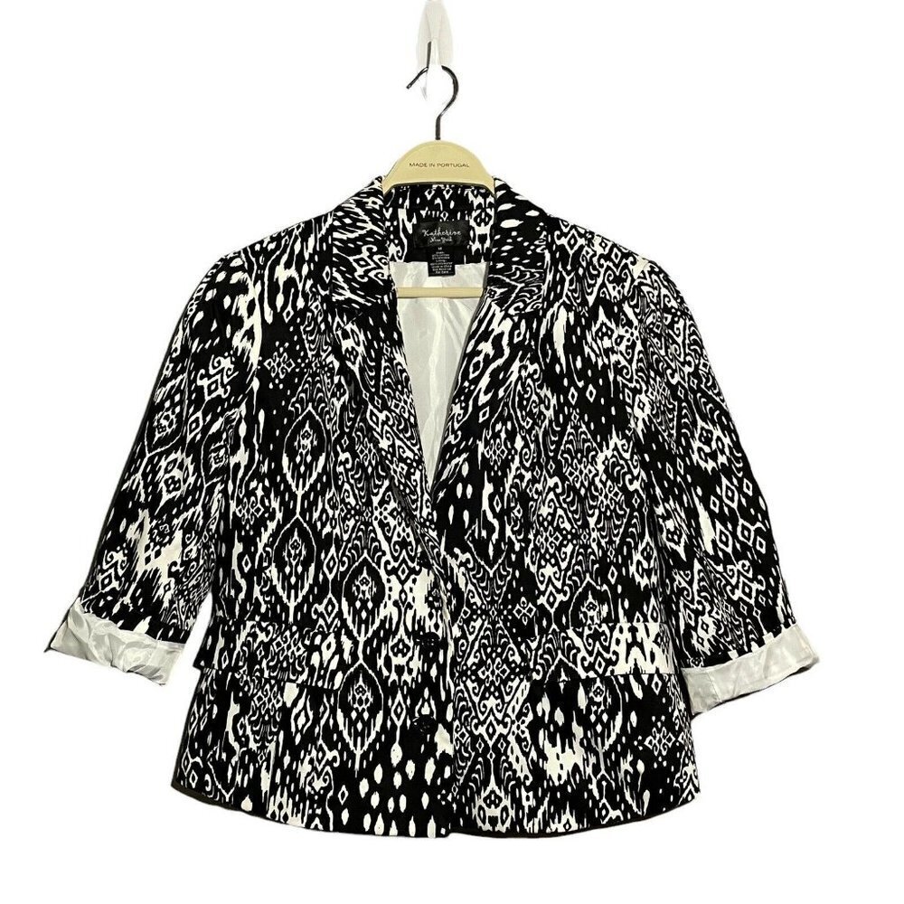 Katherine Business Jacket Suit Crop Short Women Size M Black White Retro Pocket